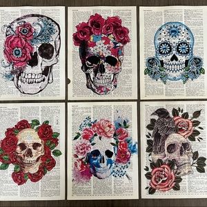 Floral Skull Themed Dictionary Prints - Set of 6